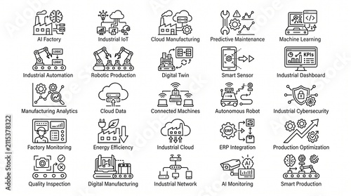 Diverse vector icons showcasing smart manufacturing, industrial automation, artificial intelligence, and digital transformation for modern factory operations