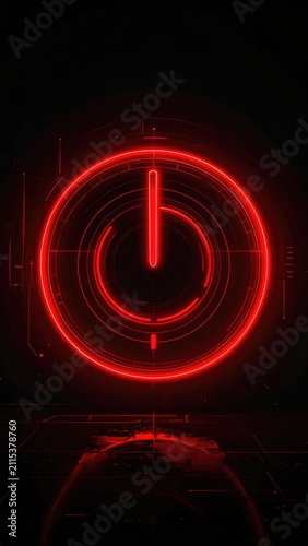 Glowing red power button symbol on a dark, reflective background
