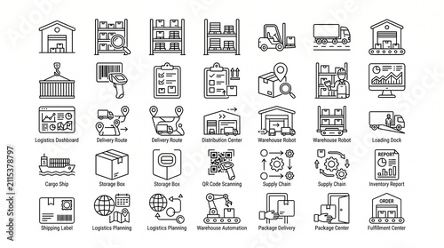 Warehouse and Logistics Icon Set for Shipping Supply Chain Management and Global Distribution Services