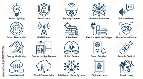 Comprehensive Collection of Smart Home Outline Icons for IoT Home Automation and Digital Technology