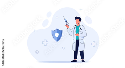 Doctor holding syringe next to shield icon, representing vaccination and healthcare protection