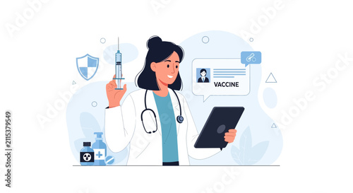 Doctor holding syringe and tablet, discussing vaccine information in digital chat bubble, medical symbols background.
