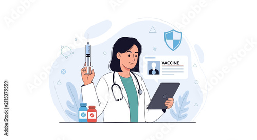 Doctor Holding Syringe, Reviewing Vaccine Information on Tablet, Illustrating Healthcare and Immunization
