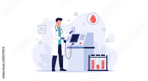 Doctor performing medical laboratory test with blood samples and advanced equipment, healthcare concept