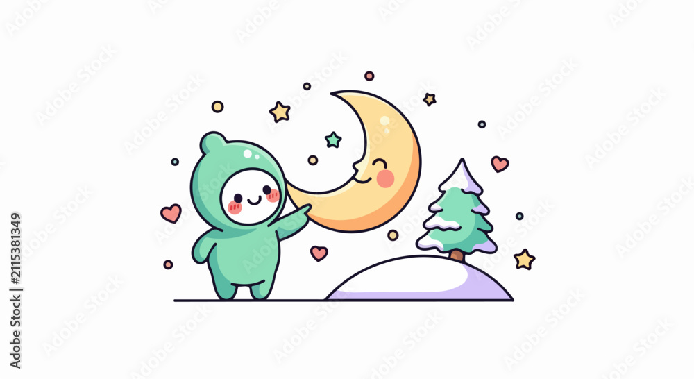 Naklejka premium Cute Green Bear Under Moonlit Night Sky Illustration