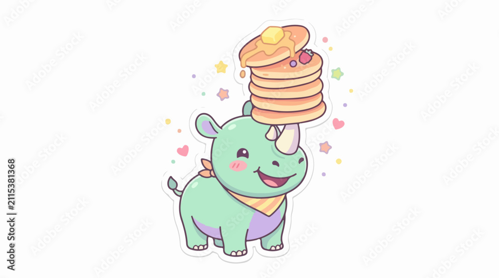 Fototapeta premium Cute Green Dinosaur Stacking Pancakes with Syrup
