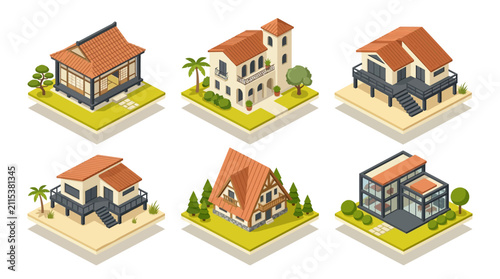 Illustration of diverse modern and traditional houses with varied architectural styles and outdoor landscapes representing