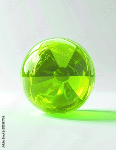 Glowing green sphere with radiation symbol, emitting faint light