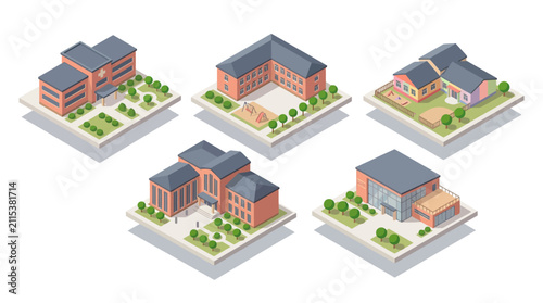 Collection of diverse 3D illustrated houses showcasing architectural styles and residential designs in a flat isometric