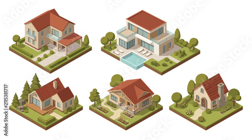 Diverse residential homes illustrating modern and traditional architectural styles with lush landscaping and outdoor amenities