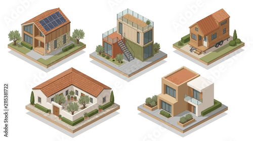 Contemporary Residential Buildings with Diverse Architectural Styles and Eco-Friendly Features Displayed in a Modern