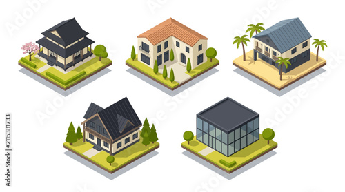 Collection of diverse modern and traditional architectural styles on small landscaped plots