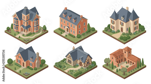 Isometric architectural visualization of modern residential buildings with diverse designs and advanced construction features
