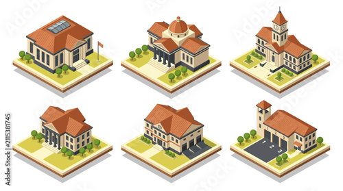 Isometric architectural visualization of modern residential buildings with diverse designs and advanced construction features