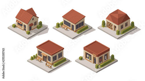 Isometric architectural visualization of modern residential buildings with diverse designs and advanced construction features