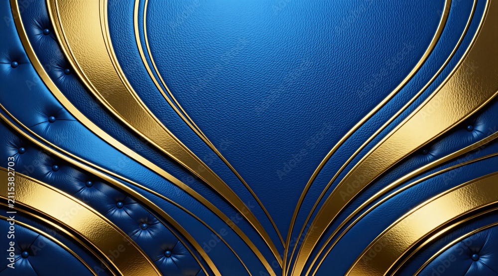 Obraz premium Deep blue leather background with glossy gold accents. Curvy lines and tufted details create a luxurious, elegant texture. Smooth surface with decorative patterns and shiny, rich style.
