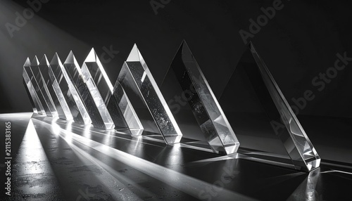 Clear geometric prisms arranged in a zig-zag pattern with light refracting