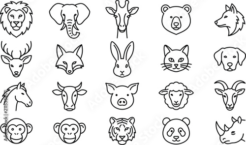 Photography Animal Face Icon Set with Lion, Elephant, Giraffe, Bear, Fox, Cat, Dog, Cow, Pig