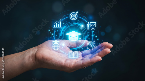 Hand presenting digital education icons and graduation cap hologram doodles for virtual learning and academic success