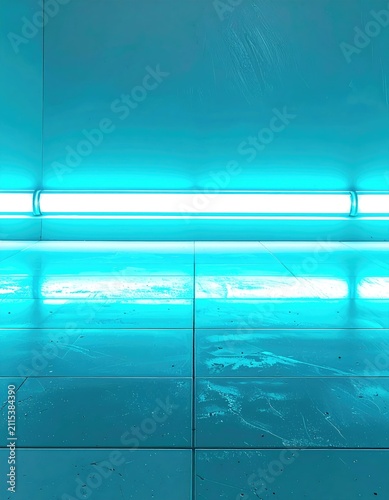 Neon blue light illuminates a sterile, reflective tiled floor and walls