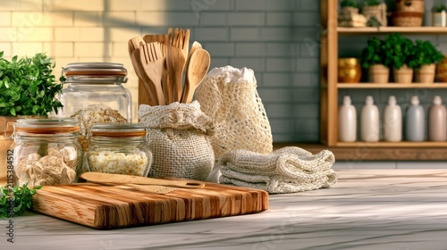 Sustainable Kitchen Living with Reusable Materials and Natural Elements in Modern Home Environment
