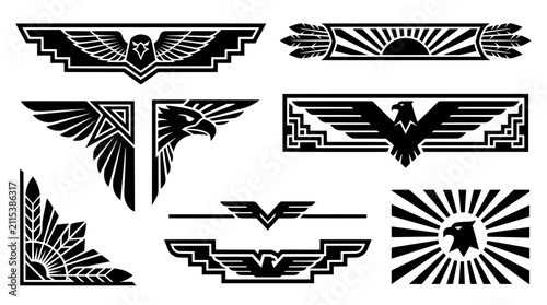 Art deco eagle corner frame with feather wing icons and stepped staircase border design elements collection