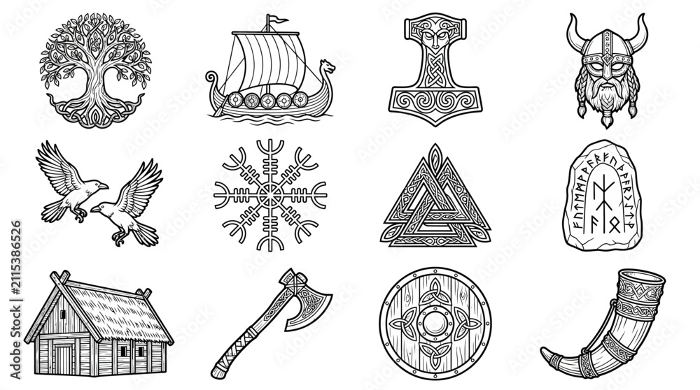 Obraz premium Norse Mythology Symbols Collection: Viking Icons