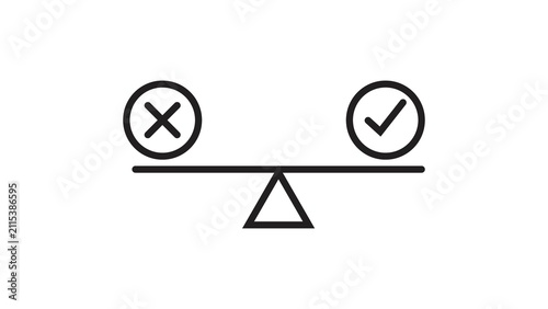 Balance scale icon with check mark and cross symbols comparing right and wrong choices.