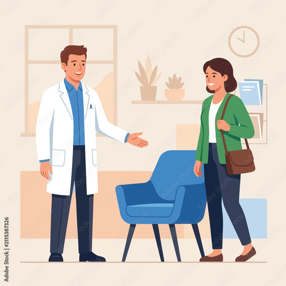 Obraz premium Doctor welcomes patient to medical office, handshake gesture, modern flat illustration style