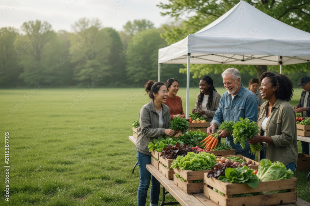 Obraz premium Farmers market local vegetable organic produce community outdoor group diversity smile spring green teamwork local farmers market stand with fresh organic Community supported agriculture concept