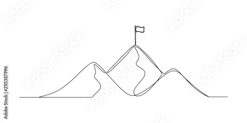 Continuous single line drawing of mountain peak with a flag on top