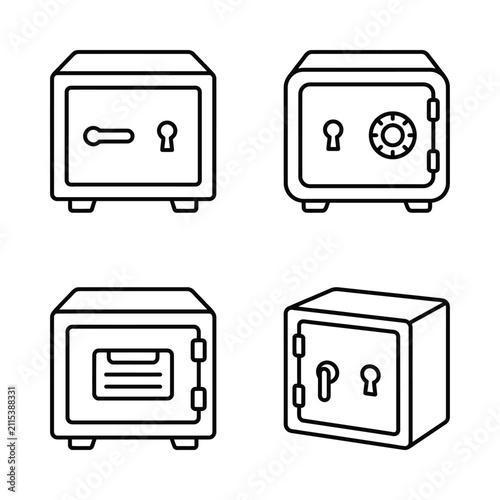 Set of four outline icons representing different types of safes, safe boxes, and security vaults with keys and combination locks.