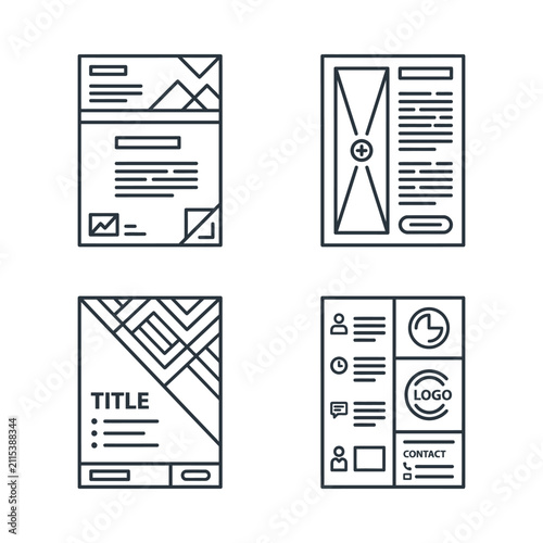 Set of 4 abstract document icons, wireframe templates for web design, UI, UX, and branding mockups. Clean line art.