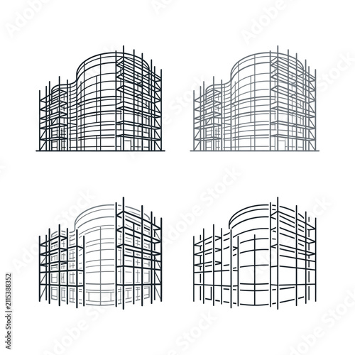Modern Building Under Construction, Architectural Blueprint Scaffolding, Outline Sketch, Engineering Project