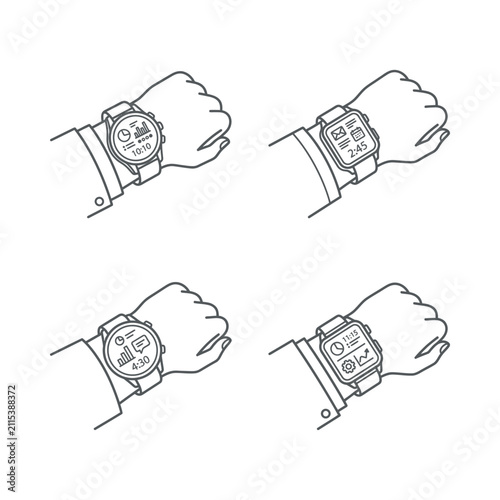 Set of four smartwatch icons on human wrists, showcasing different digital interfaces and designs, line art style