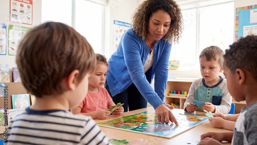 Teacher instructs a diverse group of young children as they work together on a complex floor puzzle in an organized preschool classroom setting during their morning development session.