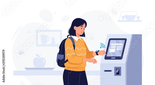 Student Using Smart Kiosk for Payment or Information in a Modern School Cafeteria, Technology Concept