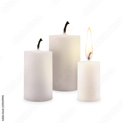 Canvas Print White Candle Set with One Lit Candle on Transparent Background png