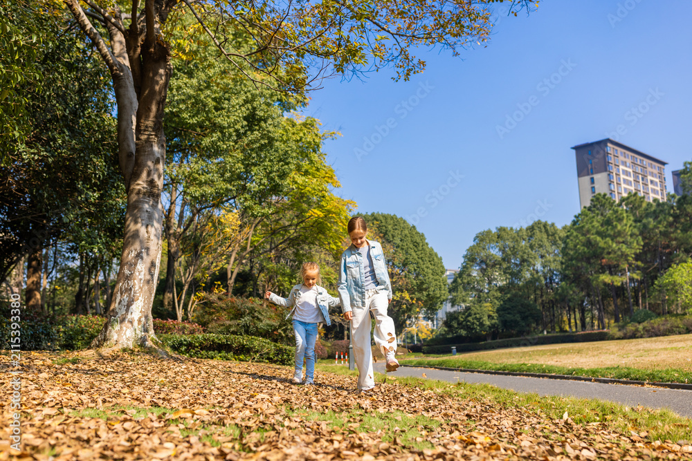 Obraz premium siblings walking through fallen leaves in a sunny park
