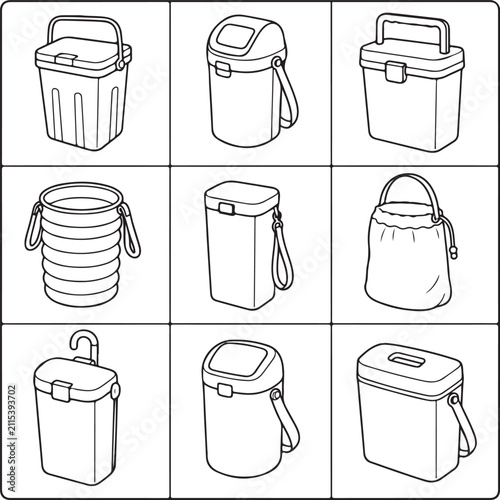 A collection of various lunch boxes and portable food containers are depicted in line art.
