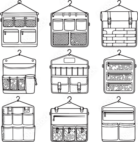 A collection of line art illustrations displays various hanging storage organizers with.