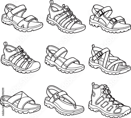 A collection of various line art illustrations depicts different styles of summer sandals.