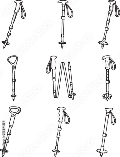 A set of black and white line art illustrations features various trekking poles and.