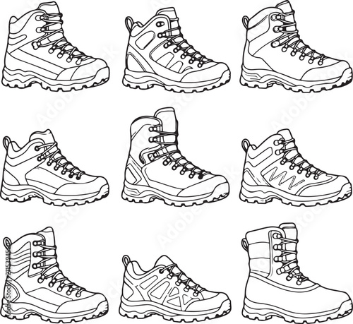A collection of black and white line art illustrations depicting various hiking boots.