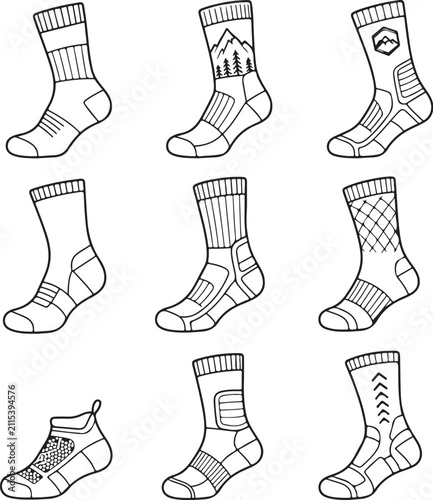 A collection of line art illustrations displays various designs of athletic socks.