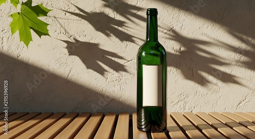 Empty wine bottle with blank label on wooden table under maple leaf shadows