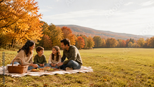 Family picnic in colorful autumn meadow