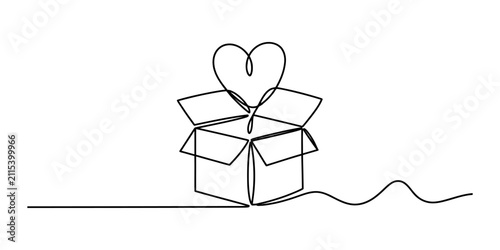 Bild auf Leinwand Minimalist continuous line art drawing of a cardboard gift box with a heart symb