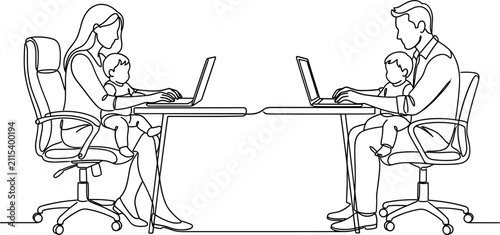 Continuous line drawing of parents working on laptops while holding babies.