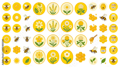 Cute Bee and Flower Round Icons Set